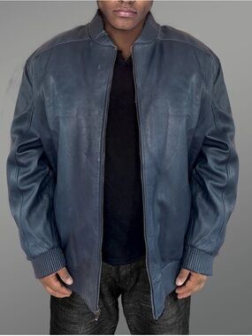 Sanzzini Italian Lamb Leather Bomber Jacket 2XL Blue Quilted Lined Zip Front